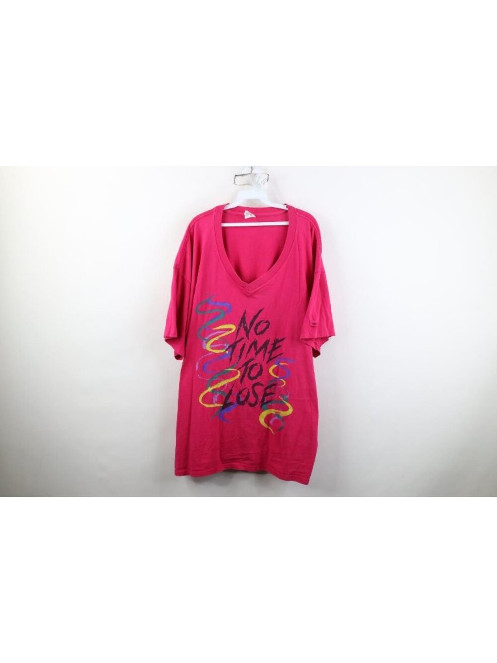 Vtg 90s Streetwear Womens 1X 2X Distressed No Time To Lose V-Neck T-Shirt USA